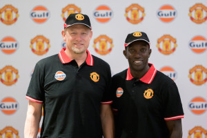 Manchester United football legends Dwight Yorke and Peter Schmeichel unveil new lubricant in Dubai