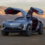 Front three-quarter view of Cadillac Elevated Velocity with gullwing doors open