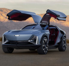 Front three-quarter view of Cadillac Elevated Velocity with gullwing doors open