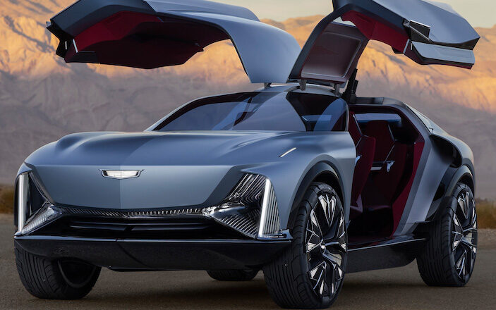 Front three-quarter view of Cadillac Elevated Velocity with gullwing doors open